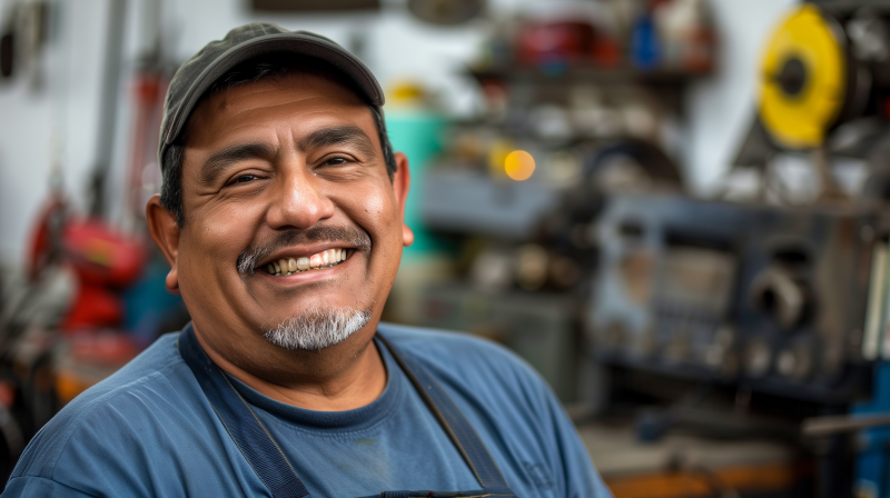 A happy Hispanic mechanic wearing a cap and a work shirt, smiling in a workshop environment.