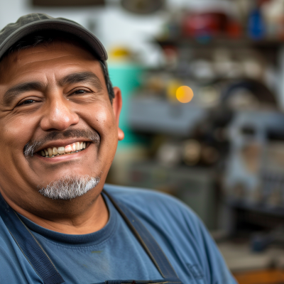 A happy Hispanic mechanic wearing a cap and a work shirt, smiling in a workshop environment.