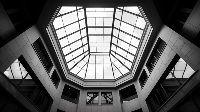 A monochrome photo of an architectural interior showcasing a geometric glass ceiling allowing natural light to illuminate the space.