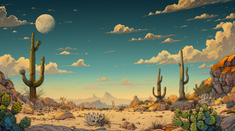 Illustration of a serene desert landscape with cacti, rocks, and distant mountains under a sky transitioning from dusk to night, with stars appearing and a crescent moon visible.