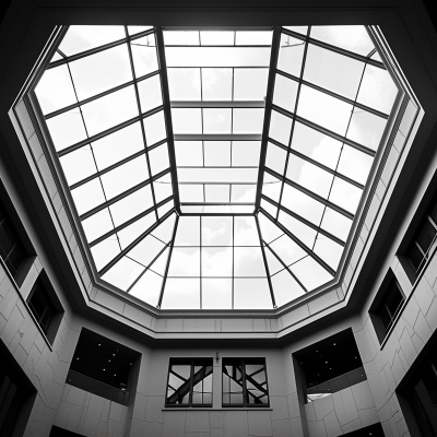 A monochrome photo of an architectural interior showcasing a geometric glass ceiling allowing natural light to illuminate the space.