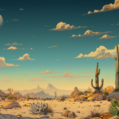 Illustration of a serene desert landscape with cacti, rocks, and distant mountains under a sky transitioning from dusk to night, with stars appearing and a crescent moon visible.