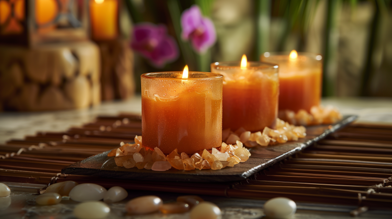 Lit candles with a warm glow, surrounded by pebbles and placed on a bamboo mat, evoking a tranquil ambiance.