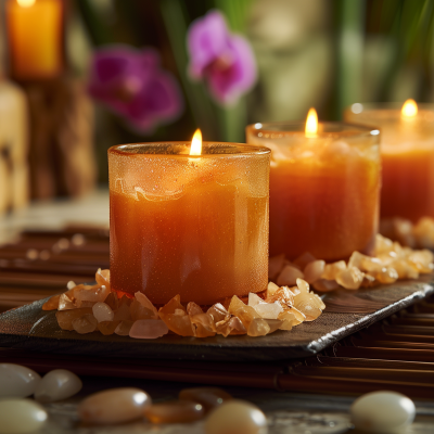 Lit candles with a warm glow, surrounded by pebbles and placed on a bamboo mat, evoking a tranquil ambiance.