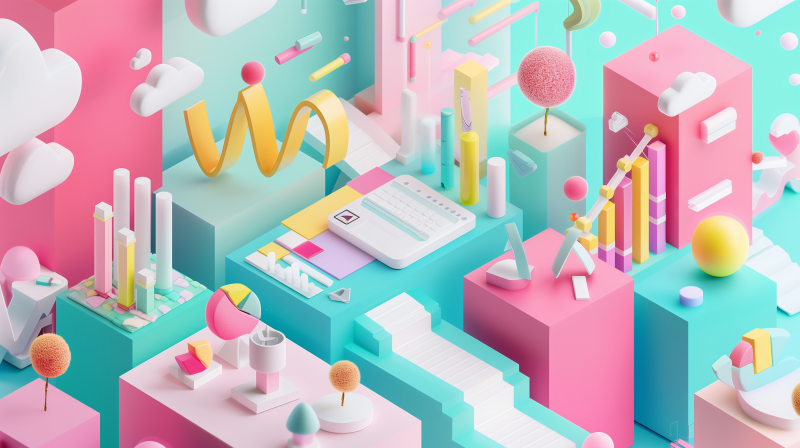 A colorful and artistic 3D rendering of an abstract, geometric landscape with various shapes and an isometric design aesthetic.