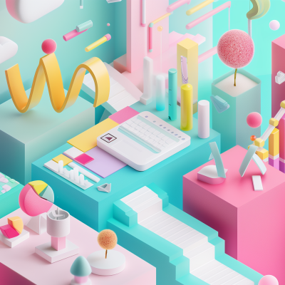 A colorful and artistic 3D rendering of an abstract, geometric landscape with various shapes and an isometric design aesthetic.