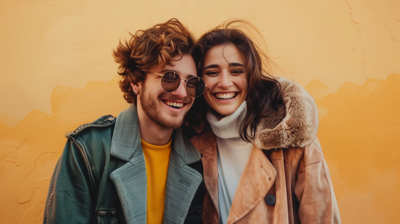 A happy and stylish couple smiling and embracing against a warm yellow background.