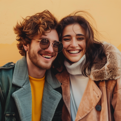 A happy and stylish couple smiling and embracing against a warm yellow background.