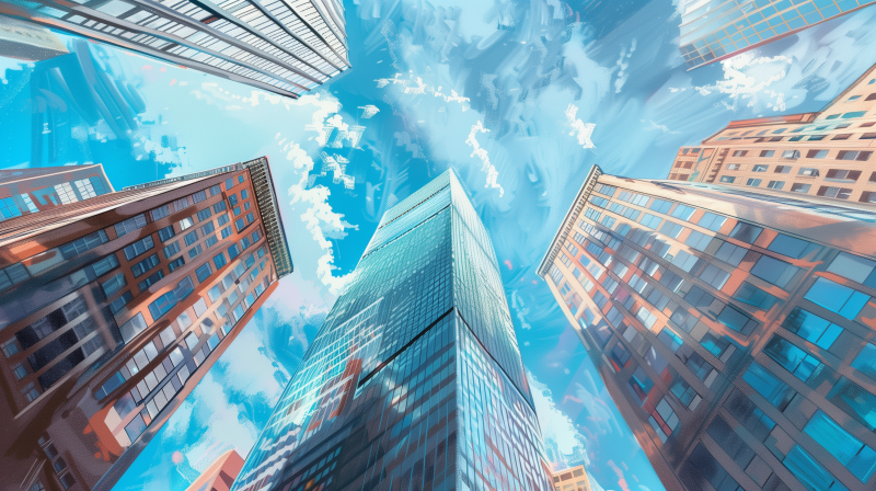 A view from the ground looking up at a cluster of skyscrapers reaching towards a clear blue sky with wispy clouds. The perspective emphasizes the height and architecture of the buildings in a cityscape.