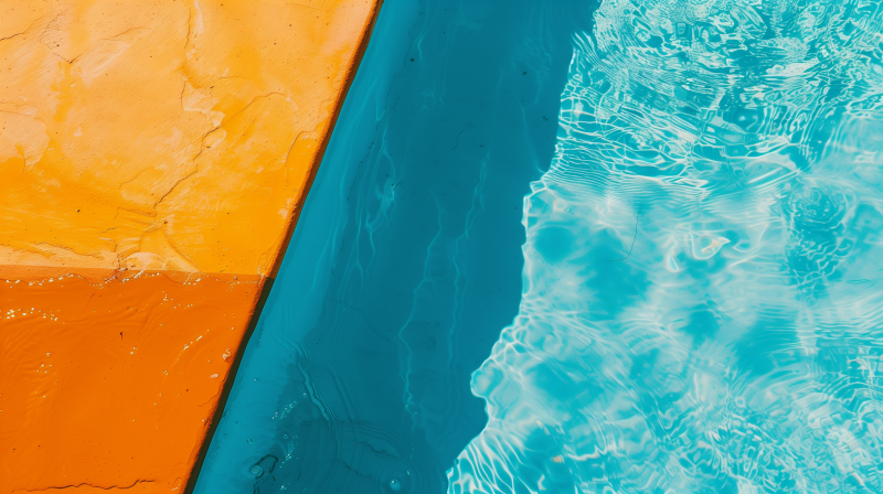 Aerial view of a clear blue ocean next to an orange and tan shoreline.