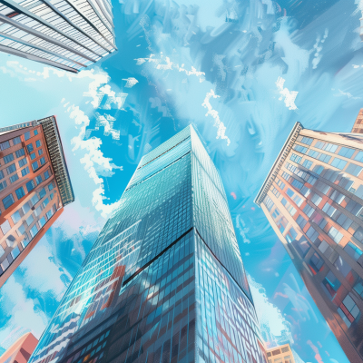 A view from the ground looking up at a cluster of skyscrapers reaching towards a clear blue sky with wispy clouds. The perspective emphasizes the height and architecture of the buildings in a cityscape.