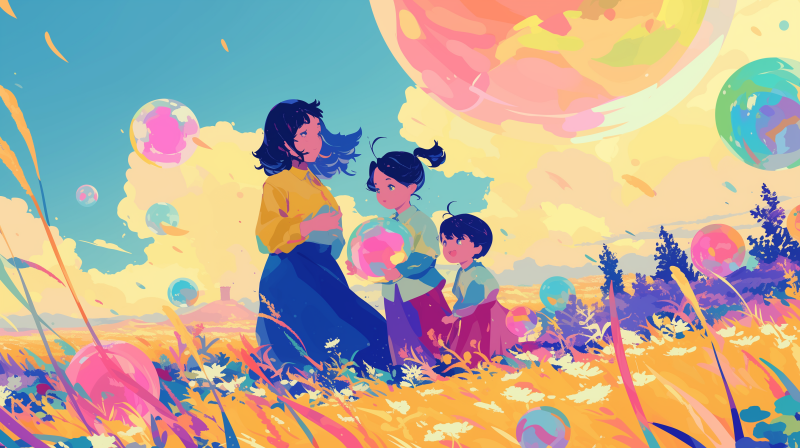 A joyful animated illustration of a mother with two kids, surrounded by colorful bubbles, with a whimsical, vibrant sky and landscape in the background.