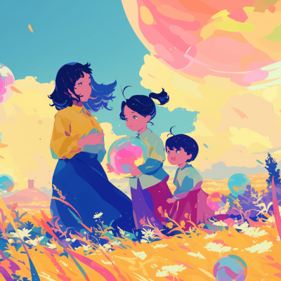 A joyful animated illustration of a mother with two kids, surrounded by colorful bubbles, with a whimsical, vibrant sky and landscape in the background.