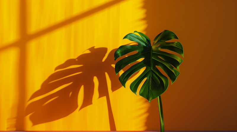 A vibrant green monstera leaf against a yellow background with its shadow casting an artistic silhouette.