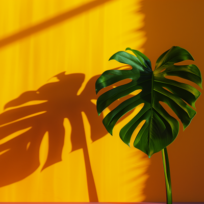 A vibrant green monstera leaf against a yellow background with its shadow casting an artistic silhouette.