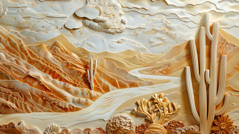 An artistic rendering of a desert landscape with textured sand dunes, waves of sand, and abstract desert vegetation.