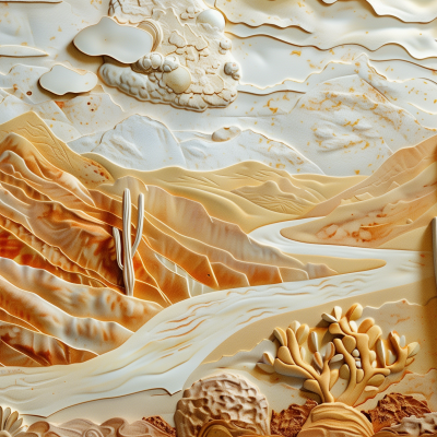 An artistic rendering of a desert landscape with textured sand dunes, waves of sand, and abstract desert vegetation.