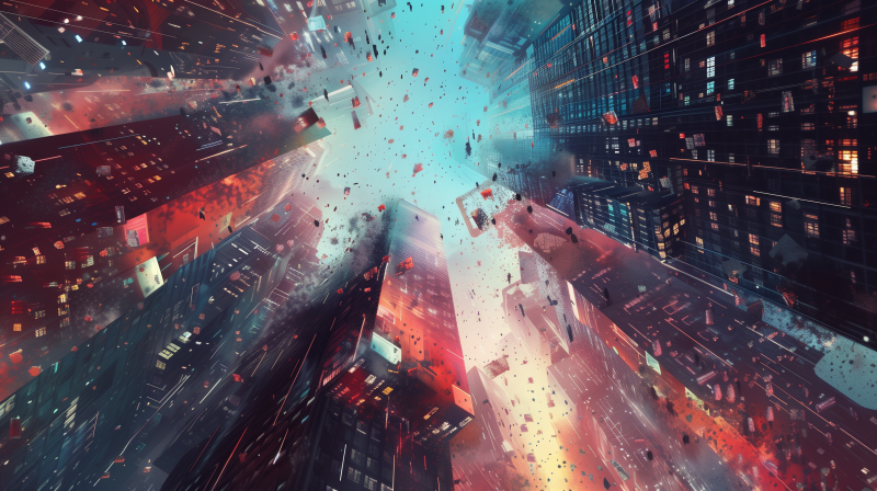 An artistic representation of a bustling city with skyscrapers, showing a dynamic explosion of particles and vibrant colors.