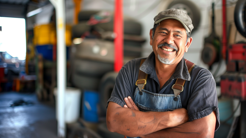 A happy mechanic with a warm smile, wearing a cap, coveralls, and with crossed arms, standing in a workshop.