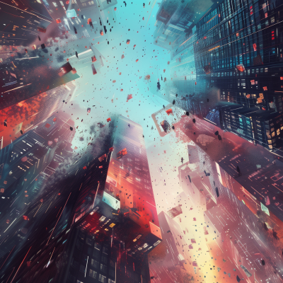 An artistic representation of a bustling city with skyscrapers, showing a dynamic explosion of particles and vibrant colors.