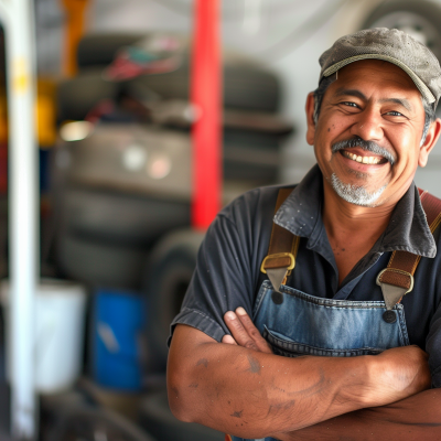 A happy mechanic with a warm smile, wearing a cap, coveralls, and with crossed arms, standing in a workshop.