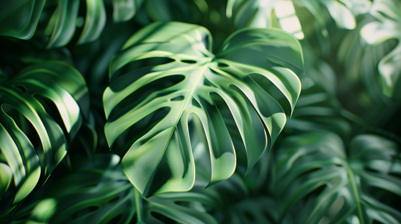 Close-up view of a lush monstera plant with vibrant green leaves, emphasizing the distinctive splits and holes typical of the houseplant.