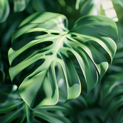 Close-up view of a lush monstera plant with vibrant green leaves, emphasizing the distinctive splits and holes typical of the houseplant.