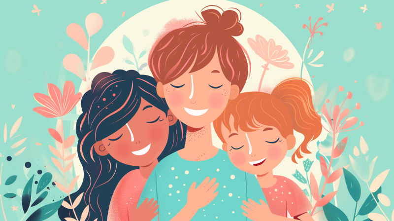 A joyful illustration of a mother with a warm smile, embraced by her two happy children, all depicted with a soft, whimsical style against a backdrop of gentle floral motifs.