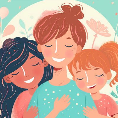 A joyful illustration of a mother with a warm smile, embraced by her two happy children, all depicted with a soft, whimsical style against a backdrop of gentle floral motifs.