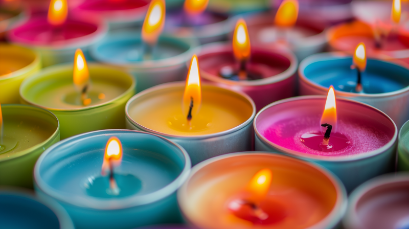 A close-up of multiple colorful lit candles with soft-focus in the background.