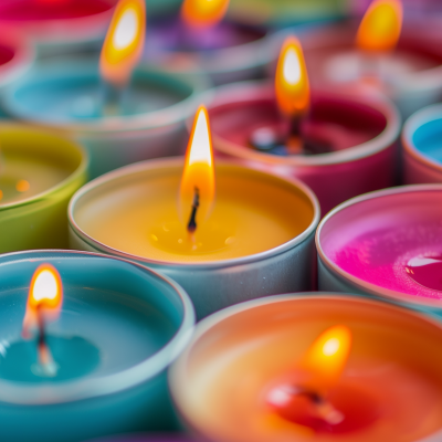 A close-up of multiple colorful lit candles with soft-focus in the background.