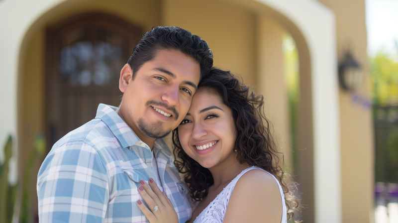 A happy couple embracing and smiling in front of their new home.