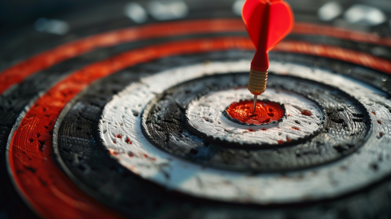 Close-up of a dart hitting the bullseye on a target, symbolizing precision and achieving business goals.