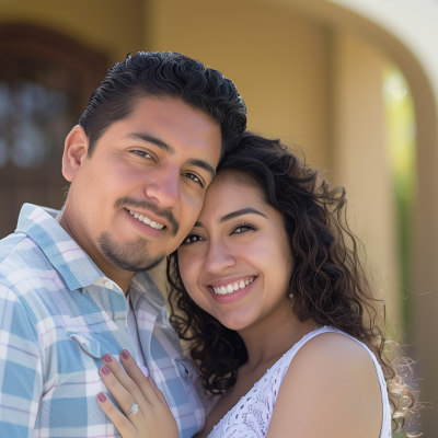 A happy couple embracing and smiling in front of their new home.