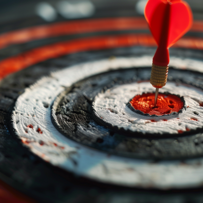 Close-up of a dart hitting the bullseye on a target, symbolizing precision and achieving business goals.