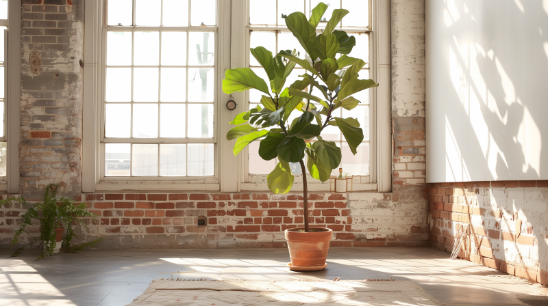 A fiddle leaf fig tree in a terracotta pot placed in a sunny room with exposed brick walls and large windows.