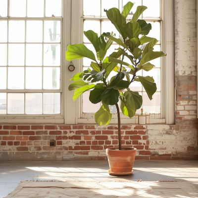 A fiddle leaf fig tree in a terracotta pot placed in a sunny room with exposed brick walls and large windows.