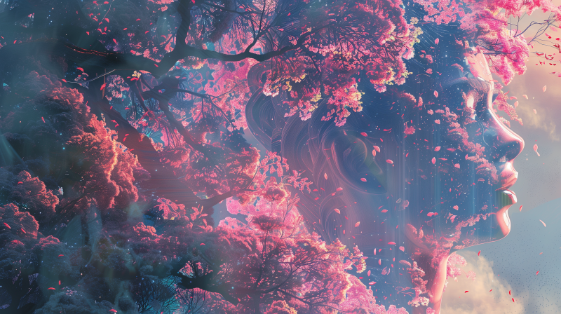 A surreal, aesthetic image featuring vibrant pink foliage on trees with a subtle silhouette of a woman immersed in the scene, accompanied by ethereal light patterns and a tranquil atmosphere.