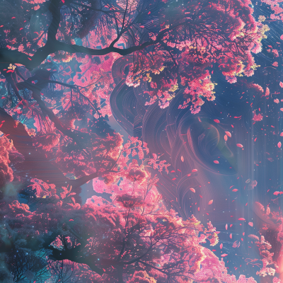 A surreal, aesthetic image featuring vibrant pink foliage on trees with a subtle silhouette of a woman immersed in the scene, accompanied by ethereal light patterns and a tranquil atmosphere.