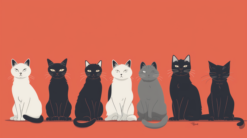 Four cartoon cats with various expressions sitting side by side against an orange background.