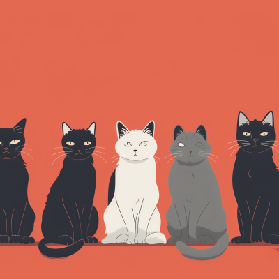 Four cartoon cats with various expressions sitting side by side against an orange background.