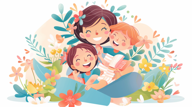 An illustration of a happy family moment showing a smiling mom with her two kids, surrounded by colorful flowers.