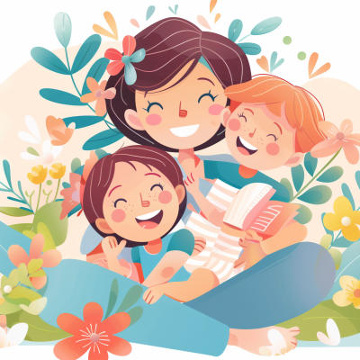 An illustration of a happy family moment showing a smiling mom with her two kids, surrounded by colorful flowers.