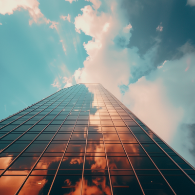 A towering skyscraper with a reflective glass facade, reaching into a sky filled with clouds illuminated by the warm glow of the sun.