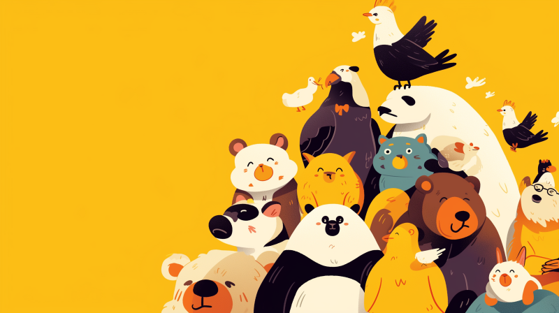 Illustration of a cheerful group of various cartoon animals, including bears, birds, and an owl, against a bright yellow background.