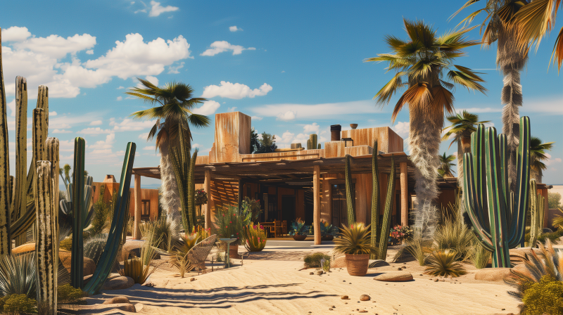 A wooden house surrounded by cacti and palm trees in a desert setting under a blue sky.