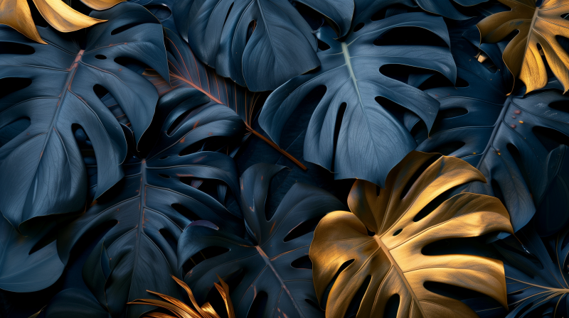 Close-up of monstera leaves with a mix of natural green and artificially highlighted golden tones.