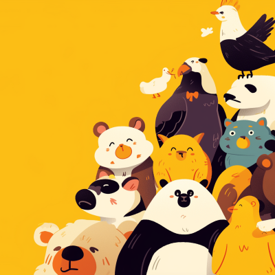 Illustration of a cheerful group of various cartoon animals, including bears, birds, and an owl, against a bright yellow background.