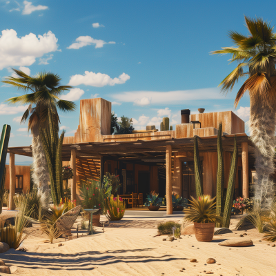 A wooden house surrounded by cacti and palm trees in a desert setting under a blue sky.