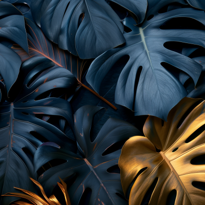 Close-up of monstera leaves with a mix of natural green and artificially highlighted golden tones.